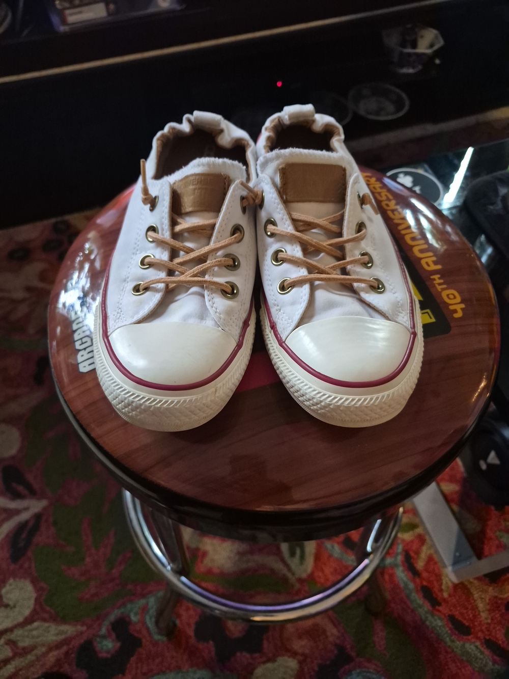 Converse White Canvas Sneakers with Pink Accent and Tan Laces
